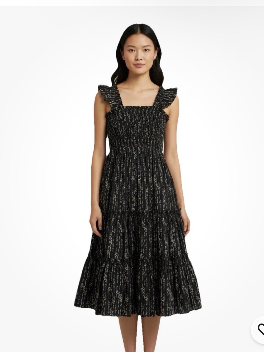En Saison Bridget midi dress Size M Smocked Ruffle Strap Midi Dress Black Floral